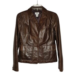 Vintage Ann Taylor LOFT Women's Chocolate Brown Embossed Leather‎ Jacket 2